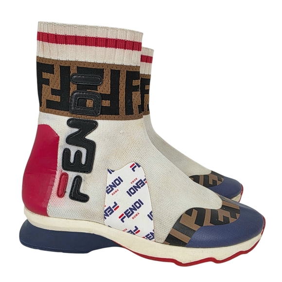 Fendi Multi-Color FF Logo Sock Sneakers - White, Brown, Red, Blue Size 37 - Picture 6 of 17